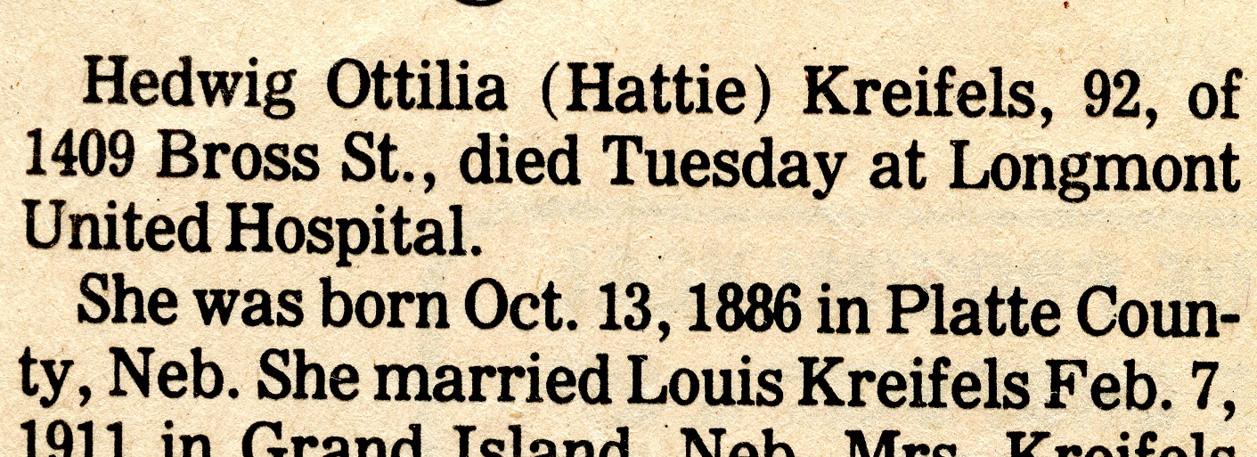 Hattie Kreifels Obituary, 1979