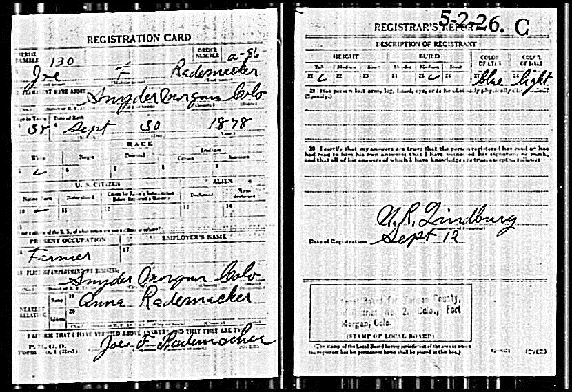 Joe Rademacher's WWI Draft Card