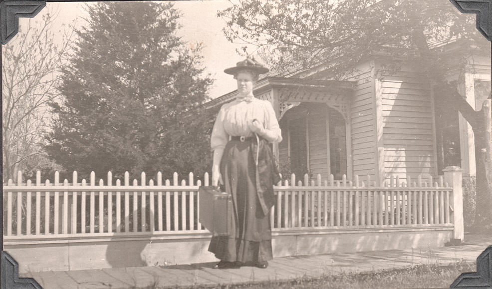Aunt Lena in front of Johanna's house in Weston, ca. 1910