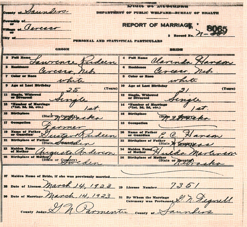 Marriage Record, Lawrence and Clarinda Rudeen, March 14, 1923